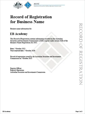 Record of Registration for Business Name